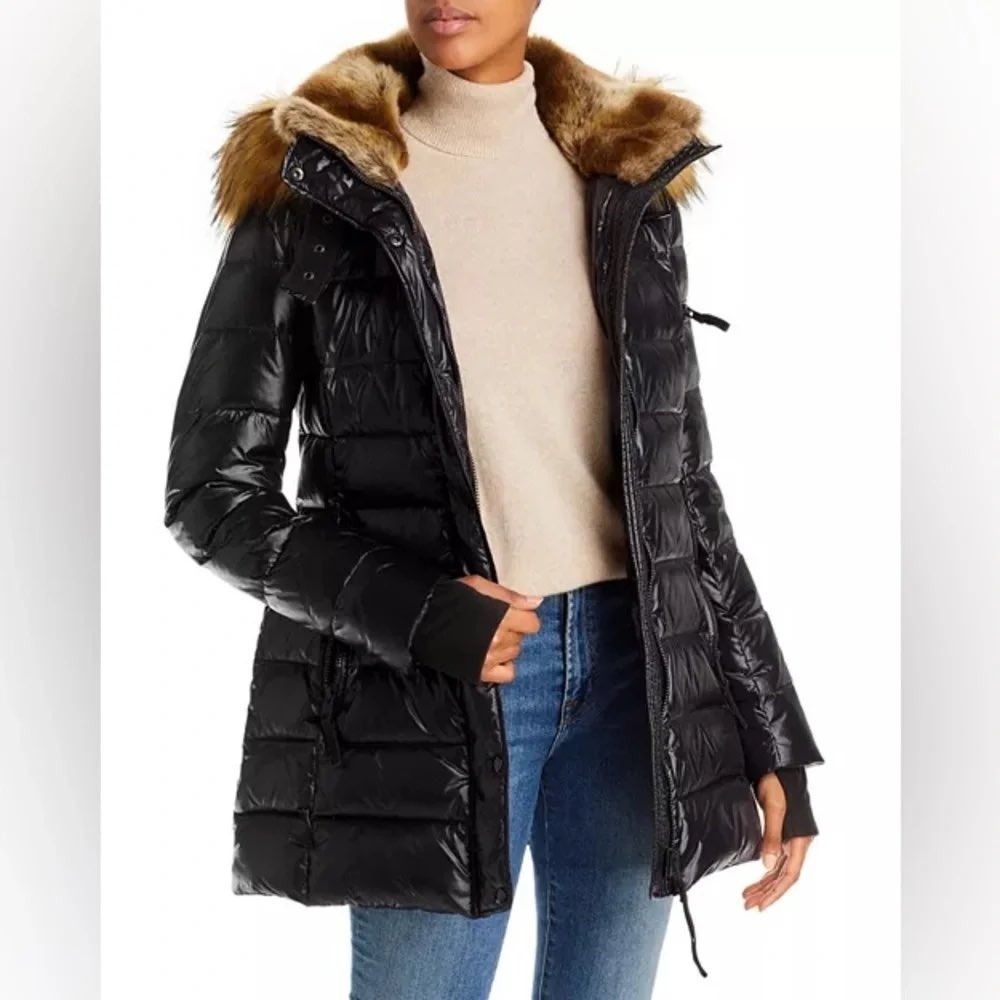 S13 Chelsea Down Puffer Jacket XS Black Glossy Coat with Faux Fur Hood Collar